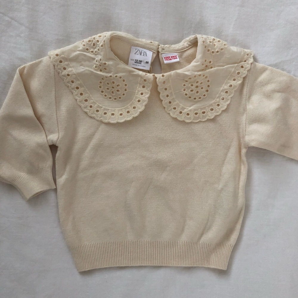 Zara Knit Sweater with Embroidered Collar - Ivory/Cream - Size 12-18M